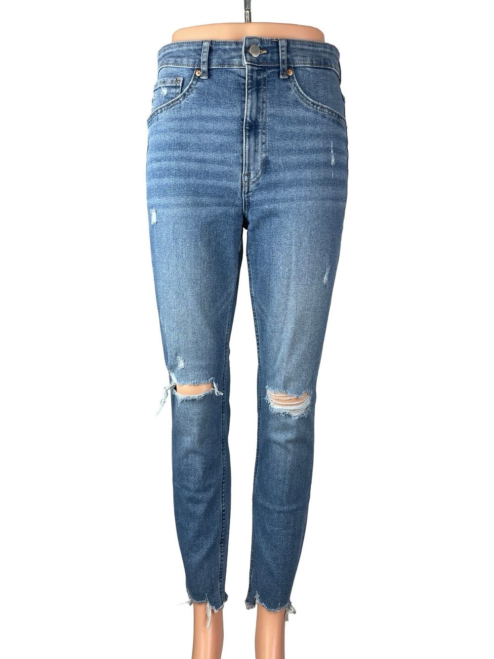 H&M Women's Blue Distressed High Waisted Medium Wash Skinny Denim Jeans Size 8